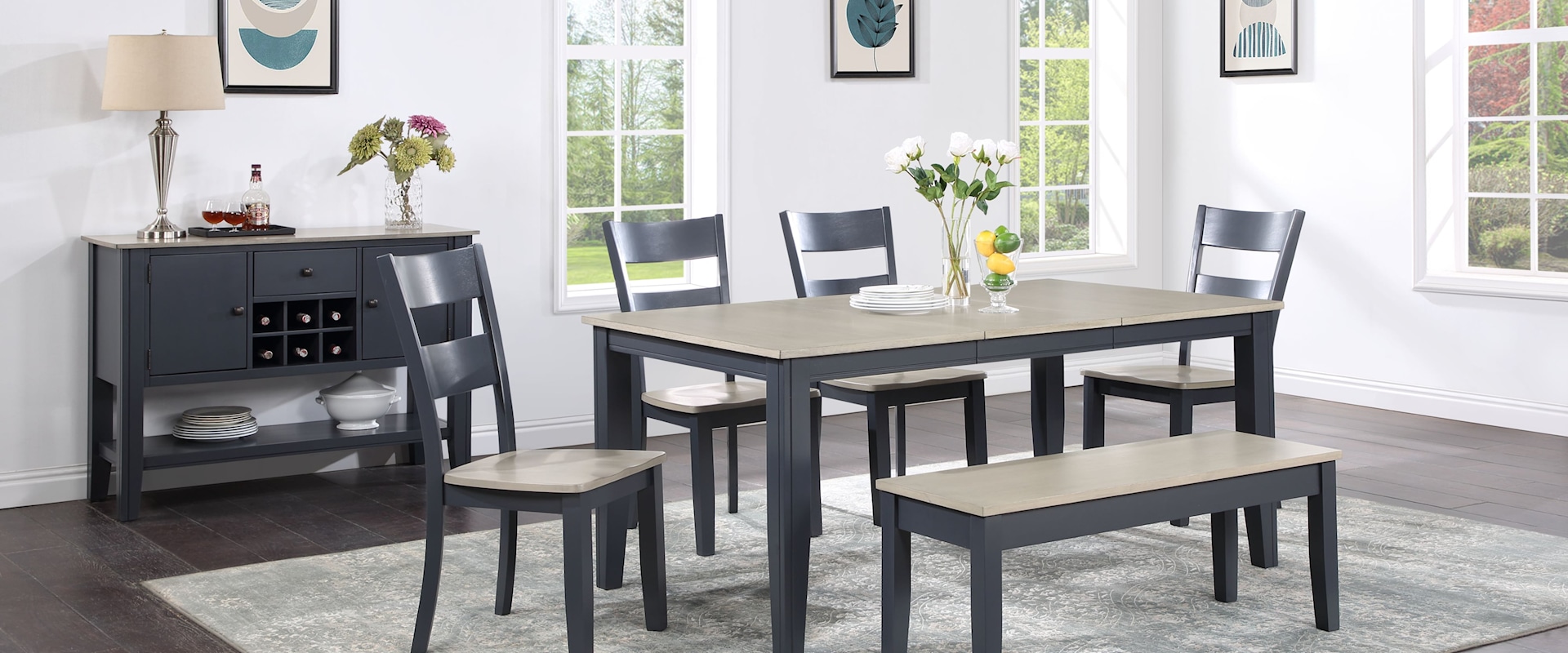Casual 6-Piece Dining Set with Bench and Sideboard