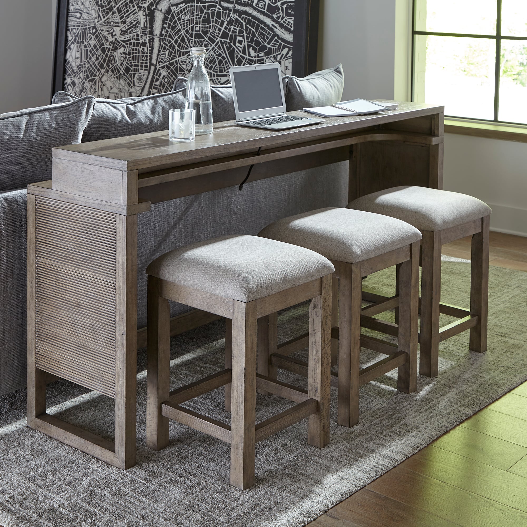 Sofa table with outlet stools