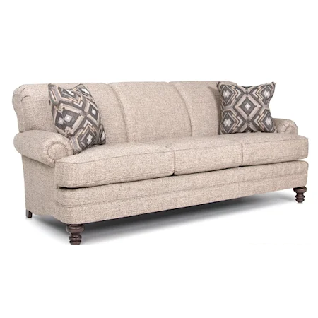 Transitional Sofa with Rolled Armrests & Turned Legs