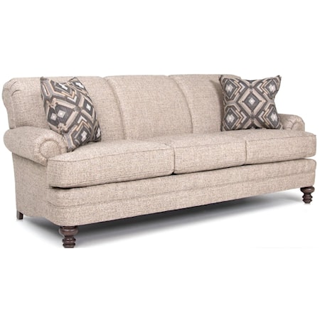 Transitional Sofa with Rolled Armrests & Turned Legs