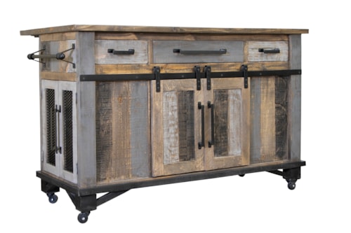 Rustic Solid Wood Kitchen Island with Sliding Barn Doors and Casters