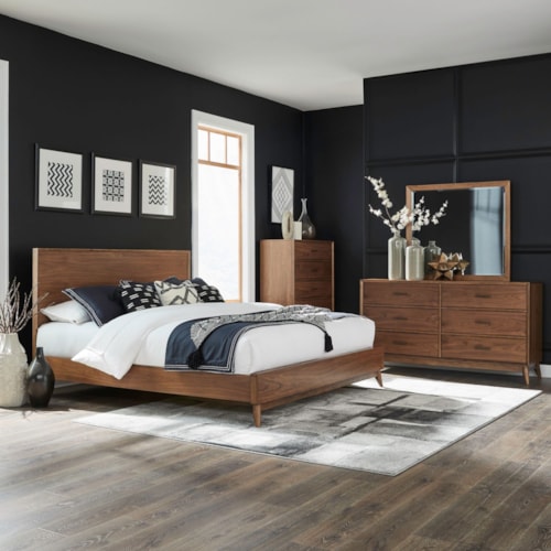 Mid Century Modern Queen Platform Bed, Dresser and Mirror, Chest