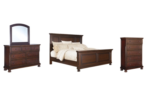 King Panel Bed, Dresser, Mirror And Chest