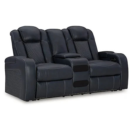 Faux Leather Power Reclining Loveseat With Console and Adjustable Headrests