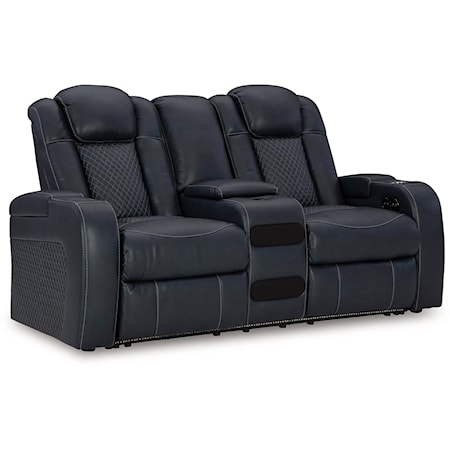 Faux Leather Power Reclining Loveseat With Console and Adjustable Headrests
