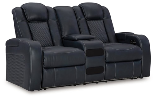 Faux Leather Power Reclining Loveseat With Console and Adjustable Headrests