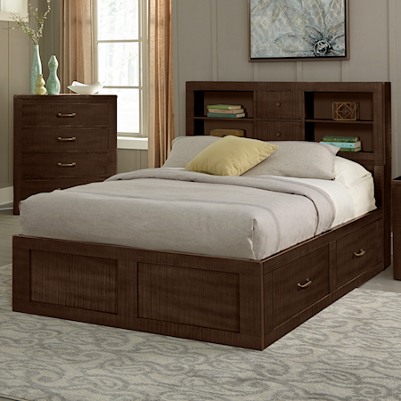 Rustic Queen Captain's Bookcase Storage Bed with Cord Management