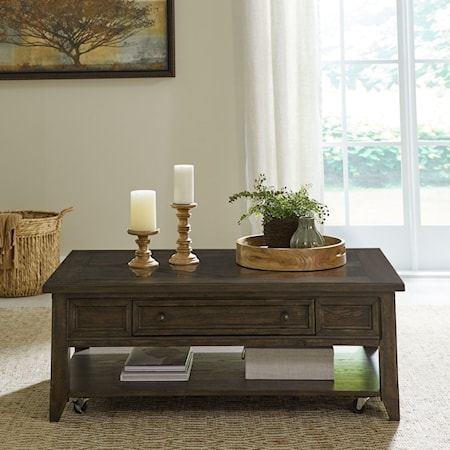 Traditional Rectangular Cocktail Table with Stone Inset Top