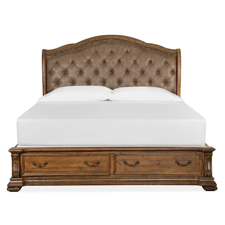 Traditional Queen Upholstered Sleigh Bed with Footboard Storage