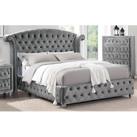 Glam Tufted Upholstered California King Bed Gray