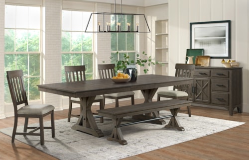 Farmhouse 7-Piece Dining Set with Server and Bench