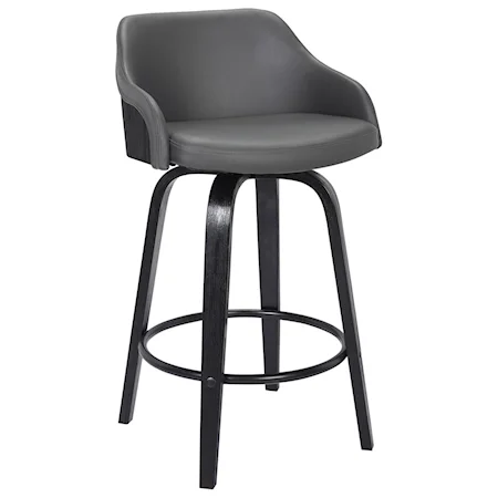 Mid-Century Modern 30" Bar Height Swivel Barstool in Black Brush Wood Finish with Grey Faux Leather