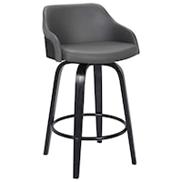 Mid-Century Modern 26" Counter Height Swivel Barstool in Black Brush Wood Finish with Grey Faux Leather