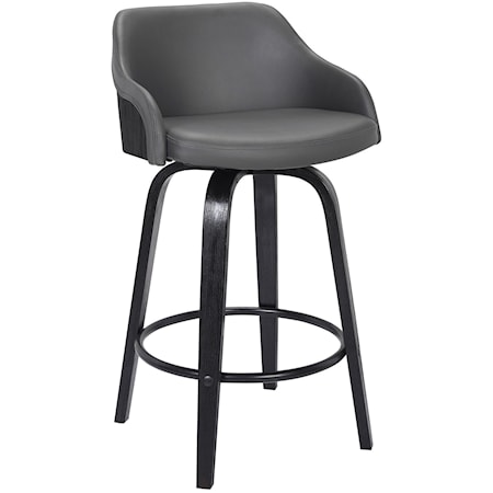 Mid-Century Modern 30" Bar Height Swivel Barstool in Black Brush Wood Finish with Grey Faux Leather