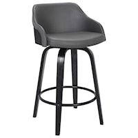 Mid-Century Modern 30" Bar Height Swivel Barstool in Black Brush Wood Finish with Grey Faux Leather