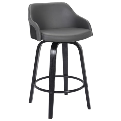 Mid-Century Modern 26" Counter Height Swivel Barstool in Black Brush Wood Finish with Grey Faux Leather