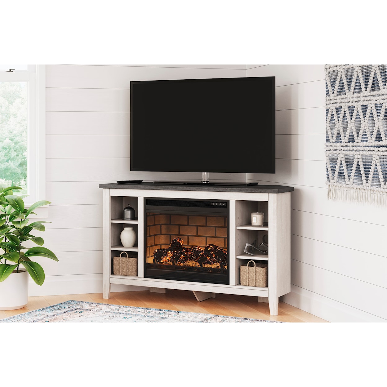 Benchcraft Dorrinson Corner TV Stand with Fireplace