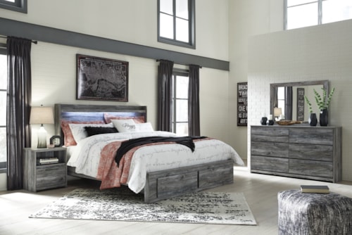 King Panel Storage Bed With Mirrored Dresser And Nightstand