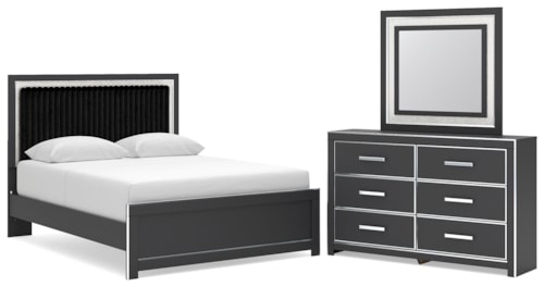 Queen Upholstered Panel Platform Bed, Dresser And Mirror