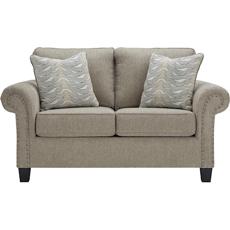 Transitional Loveseat with Rolled Arms with Nailhead Trim