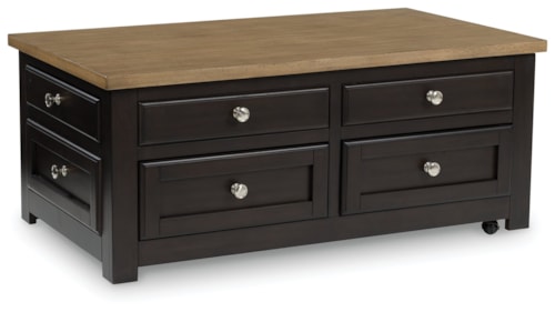 Two-Tone Lift-Top Coffee Table with 4 Drawers & Casters