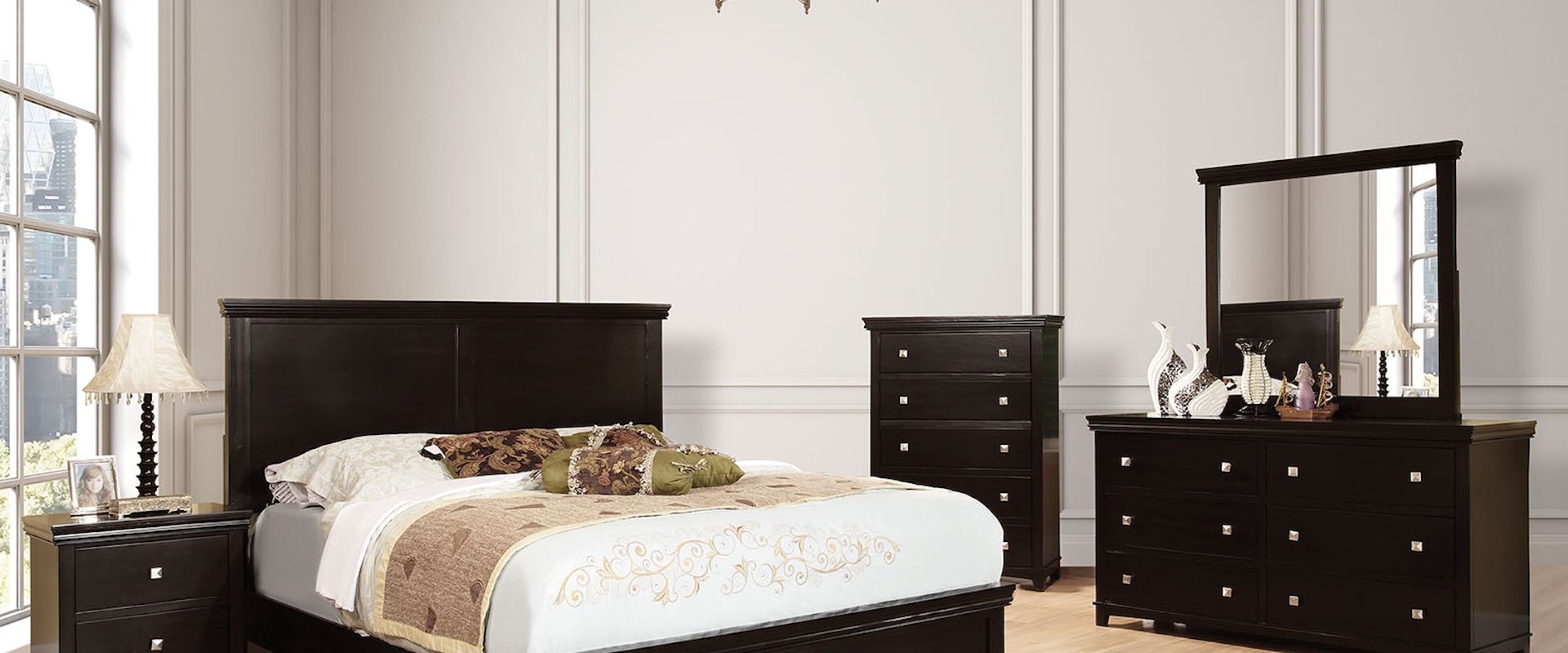 Transitional 5 Piece Queen Bedroom Set with Chest