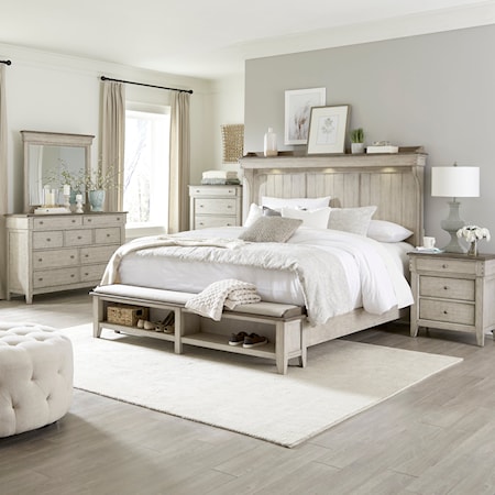 Modern Farmhouse 5-Piece King Mantle Storage Bedroom Set with Charging Station