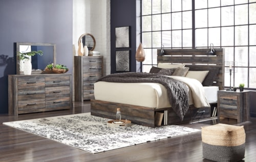 King Panel Bed With Storage, Dresser, Mirror, Chest And 2 Nightstands