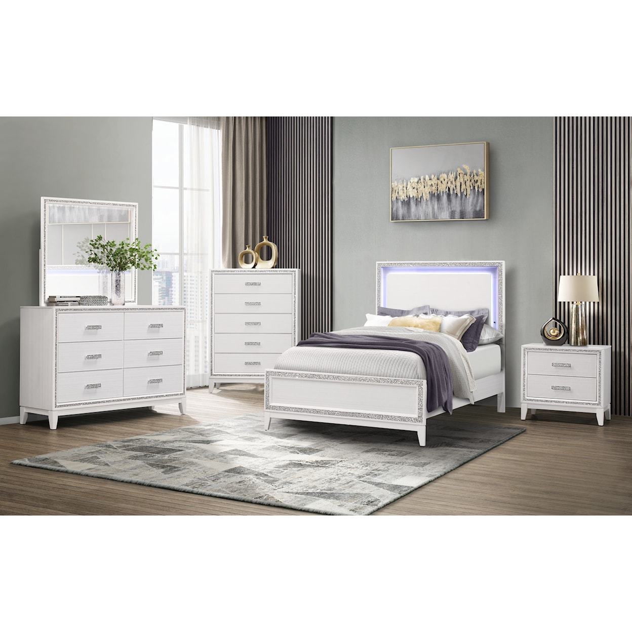 Global Furniture Lily White 6-Drawer Dresser with Glittered Trim