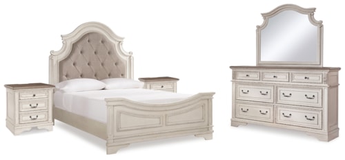 Queen Upholstered Panel Bed, Dresser, Mirror And 2 Nightstands