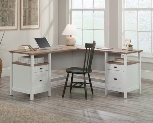 Farmhouse 4-Drawer L-Shaped Desk with Open Shelf Storage