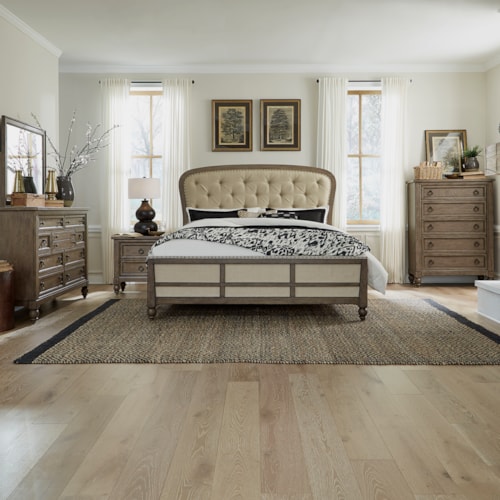 Traditional 5-Piece Upholstered Queen Shelter Bedroom Set