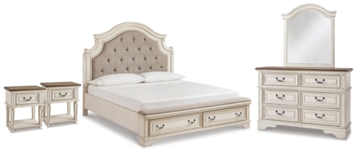 King Panel Storage Bed, Dresser, Mirror And 2 Nightstands