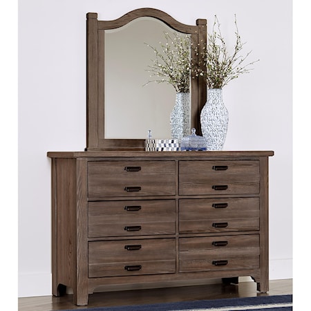 Transitional 6 Drawer Double Dresser and Arch Mirror