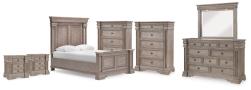 Queen Panel Bed. Dresser, Mirror, 2 Chests And 2 Nightstands