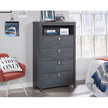 Casual Four-Drawer Chest with Open Storage Shelf