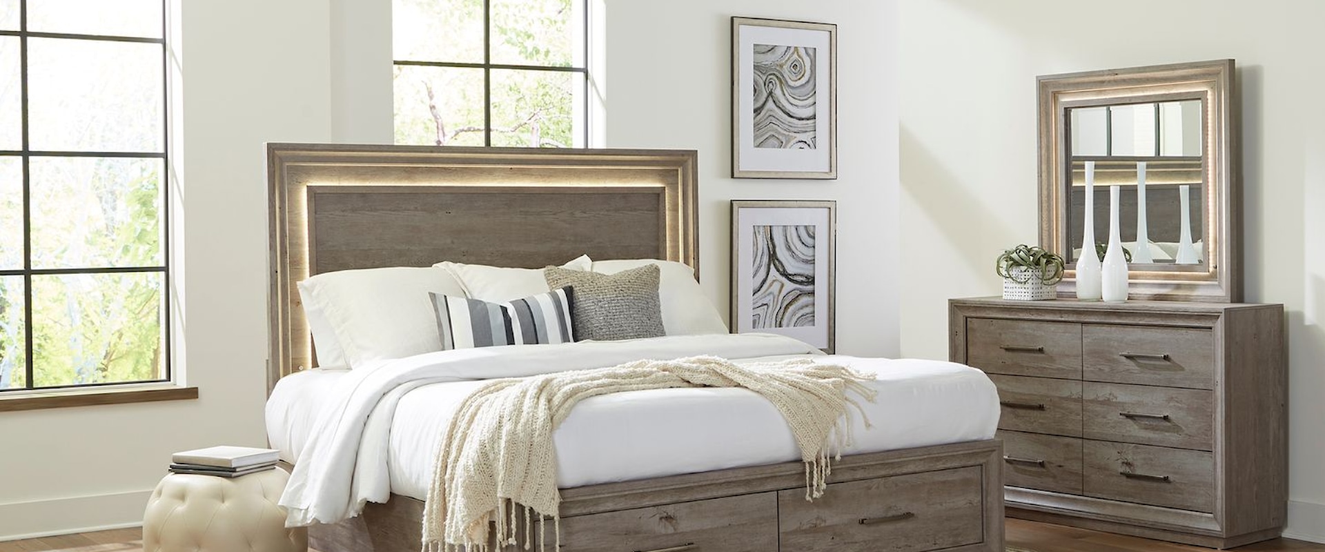 Contemporary Queen Storage Bed, Dresser & Mirror