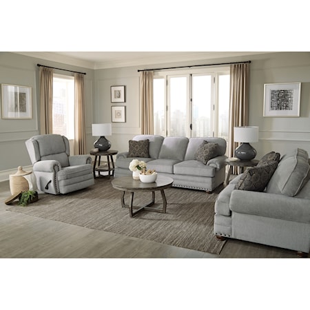 Traditional 3-Piece Living Room Set with Rolled Arms and Nailhead Trimming