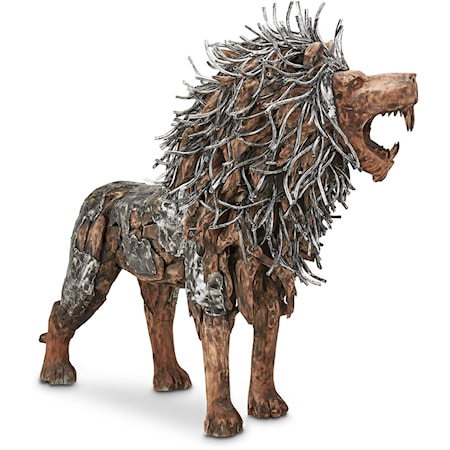 Large Wood Crafted Walking Lion Sculpture