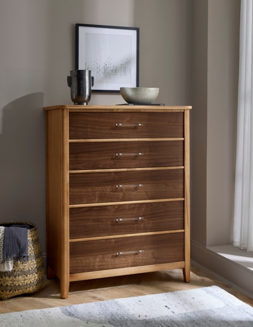 Transitional 5-Drawer Bedroom Chest with Brass Pulls