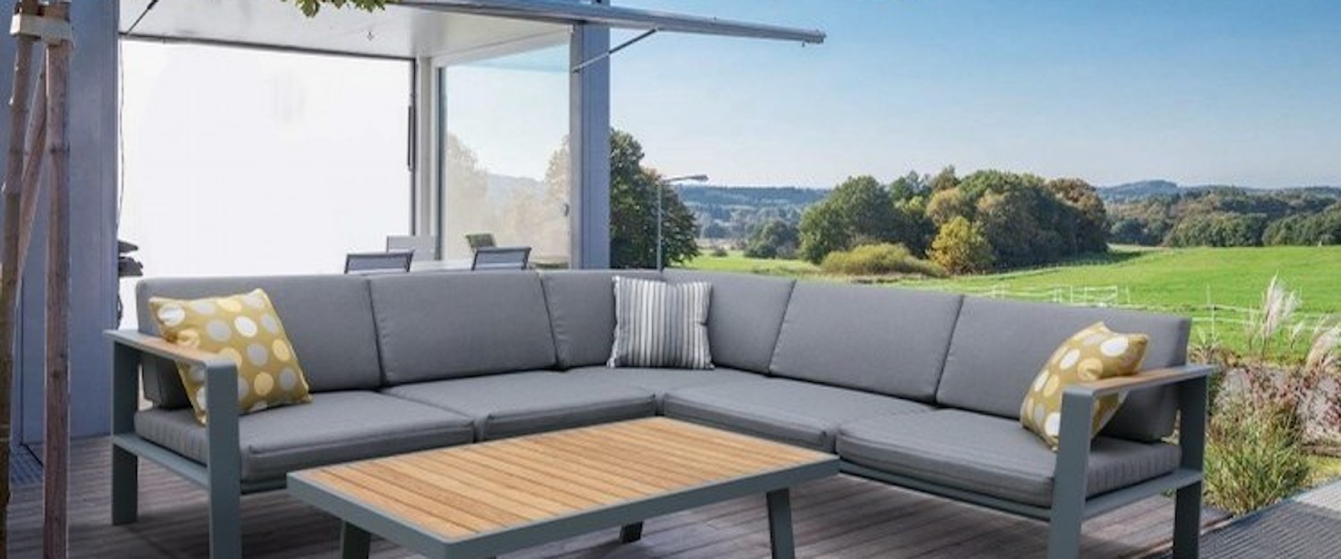 Outdoor Patio Sectional Set in Gray Finish with Gray Cushions and Teak Wood