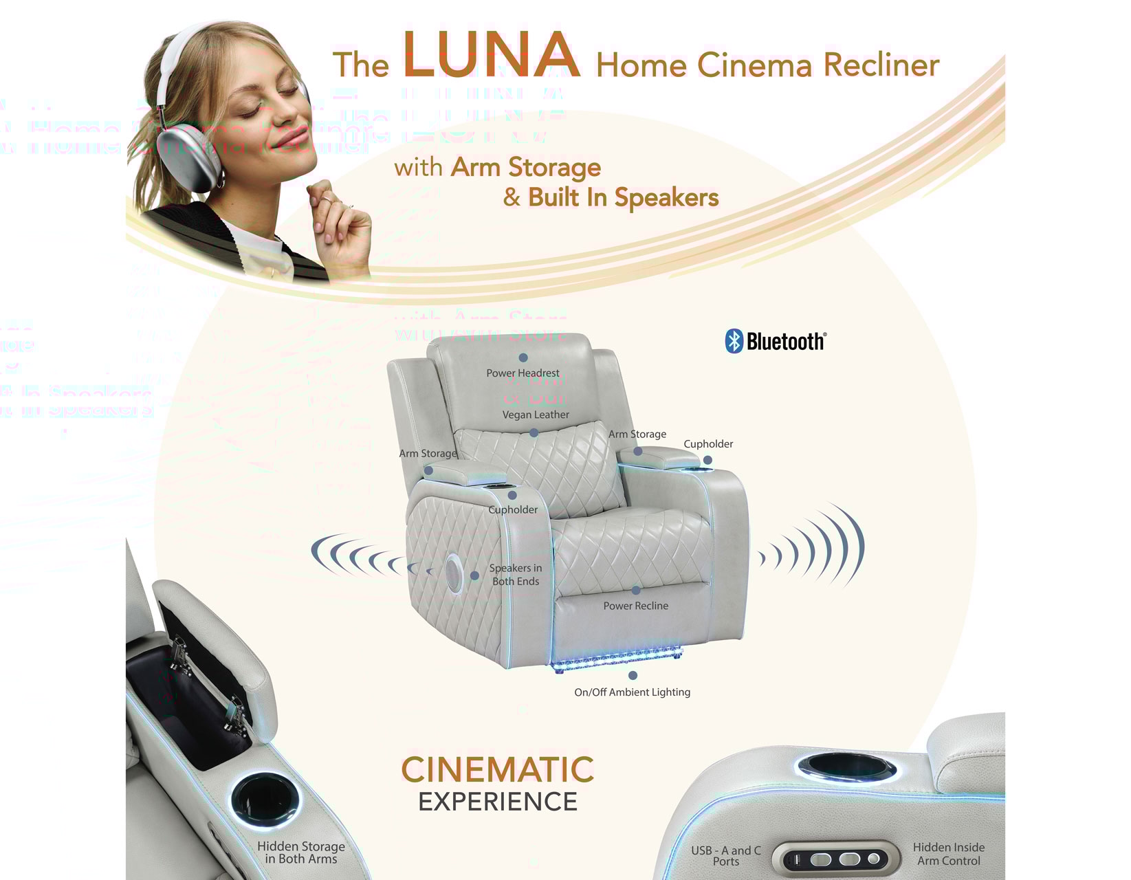 Steve Silver Luna Power Recliner w/Ambient Lighting & Charging