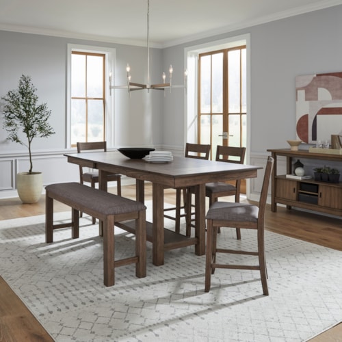 Transitional 6-Piece Gathering Trestle Table Dining Set with Slat Back Stools and Bench