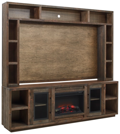 Transitional Entertainment Fireplace Console and Hutch with Open Shelving and Glass Doors