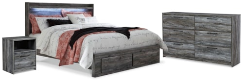 King Panel Storage Bed, Dresser And Nightstand