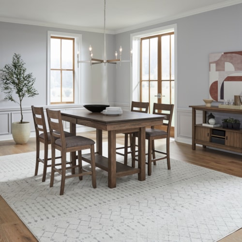 Transitional 5-Piece Gathering Trestle Table Dining Set with Slat Back Stools