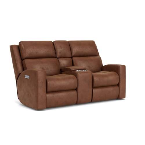 Contemporary Power Reclining Loveseat with Console, Power Headrests & Lumbar