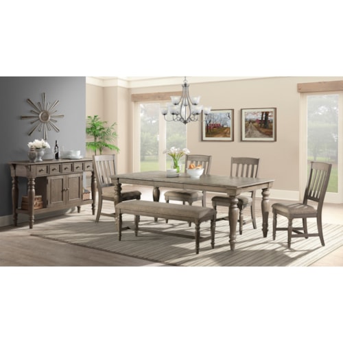 Traditional 7-Piece Dining Set with Bench and Sideboard Server