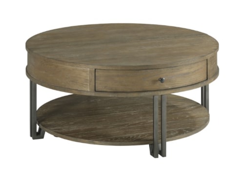 Industrial Round Lift-Top Cocktail Table with Drawer