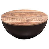 Modern Rustic Round Drum Storage Cocktail Table with Solid Mango Wood Top and Metal Base